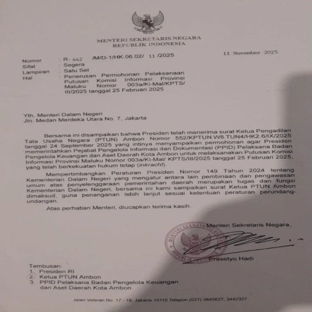 Putusan Inkracht Diabaikan? Presiden Terima Surat Ketua PTUN Ambon, Pemkot Ambon Terancam Membangkang Hukum